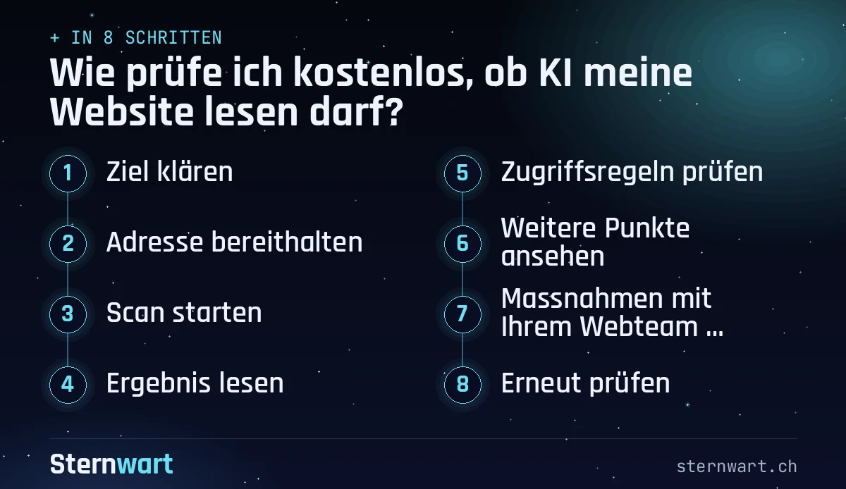 Ablaufgrafik in 8 Schritten: 1. Ziel klären; 2. Adresse bereithalten; 3. Scan starten; 4. Ergebnis lesen; 5. Zugriffsregeln prüfen; 6. Weitere Punkte ansehen; 7. Massnahmen mit Ihrem Webteam besprechen; 8. Erneut prüfen.