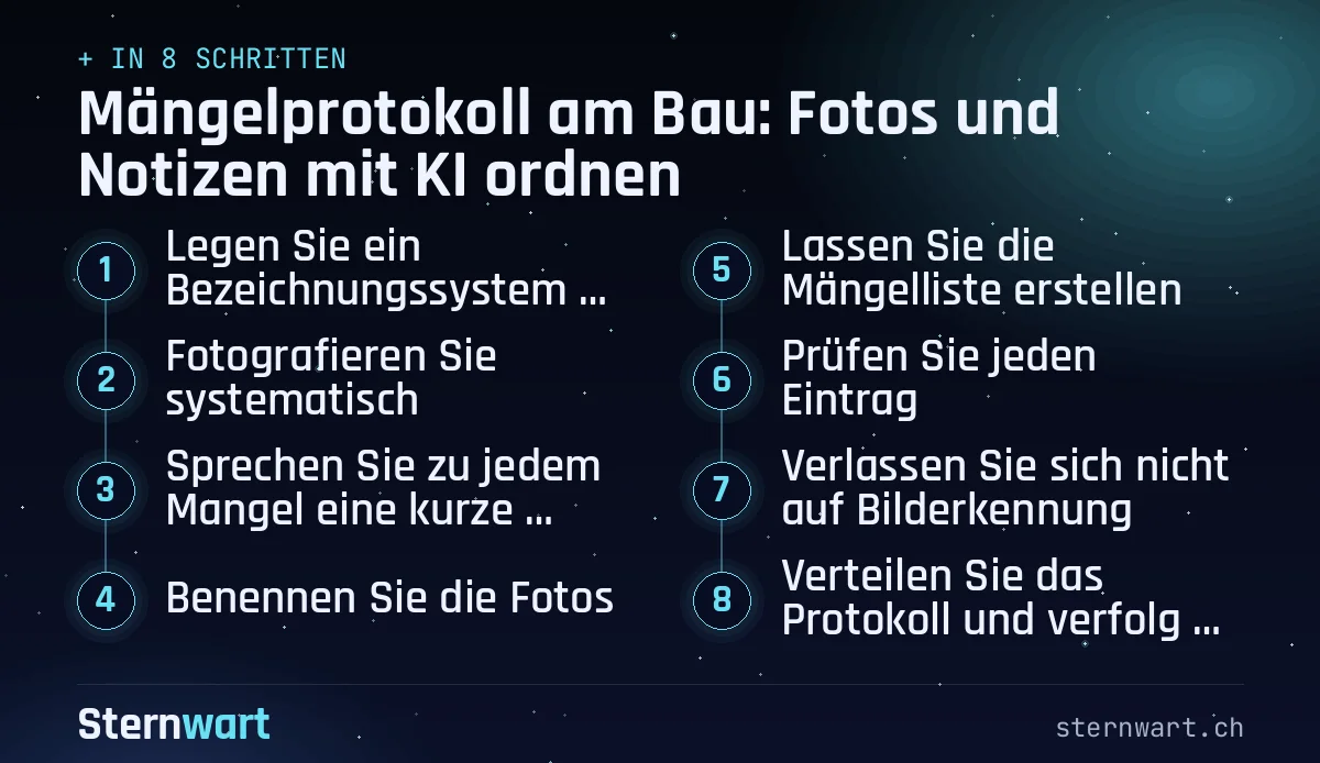 Ablaufgrafik in 8 Schritten: 1. Legen Sie ein Bezeichnungssystem fest; 2. Fotografieren Sie systematisch; 3. Sprechen Sie zu jedem Mangel eine kurze Notiz ein; 4. Benennen Sie die Fotos; 5. Lassen Sie die Mängelliste erstellen; 6. Prüfen Sie jeden Eintrag; 7. Verlassen Sie sich nicht auf Bilderkennung; 8. Verteilen Sie das Protokoll und verfolgen Sie es nach.