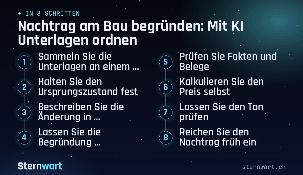 Ablaufgrafik in 8 Schritten: 1. Sammeln Sie die Unterlagen an einem Ort; 2. Halten Sie den Ursprungszustand fest; 3. Beschreiben Sie die Änderung in Stichworten; 4. Lassen Sie die Begründung strukturieren; 5. Prüfen Sie Fakten und Belege; 6. Kalkulieren Sie den Preis selbst; 7. Lassen Sie den Ton prüfen; 8. Reichen Sie den Nachtrag früh ein.