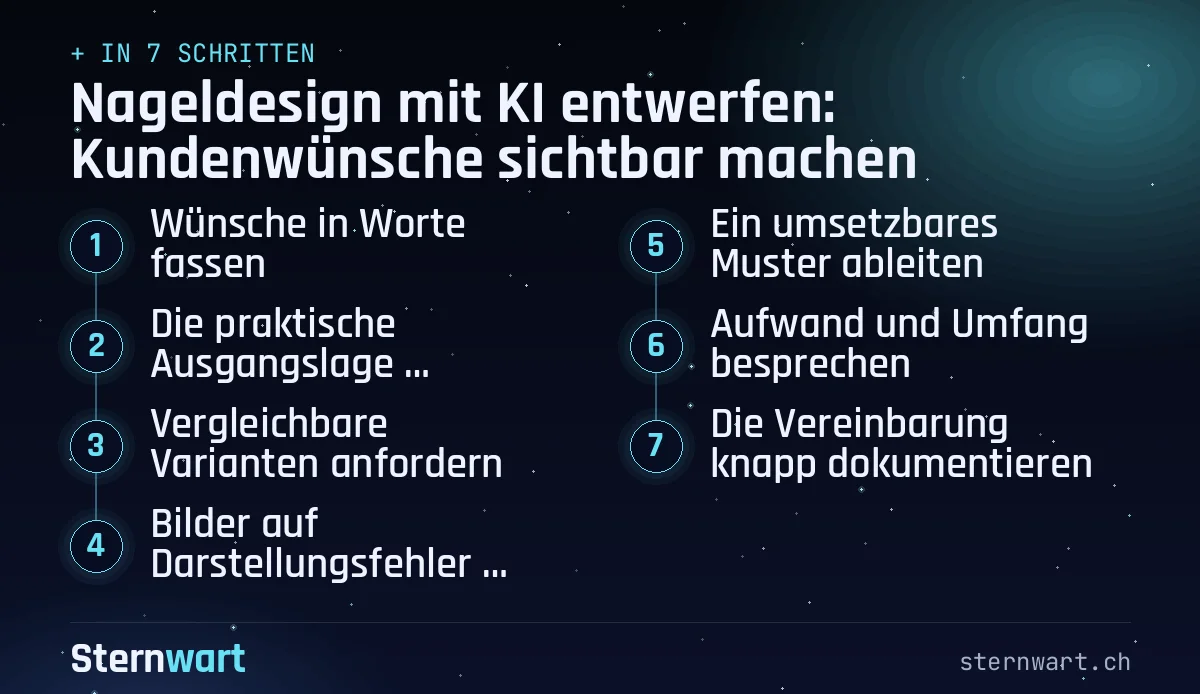 Ablaufgrafik in 7 Schritten: 1. Wünsche in Worte fassen; 2. Die praktische Ausgangslage festhalten; 3. Vergleichbare Varianten anfordern; 4. Bilder auf Darstellungsfehler prüfen; 5. Ein umsetzbares Muster ableiten; 6. Aufwand und Umfang besprechen; 7. Die Vereinbarung knapp dokumentieren.