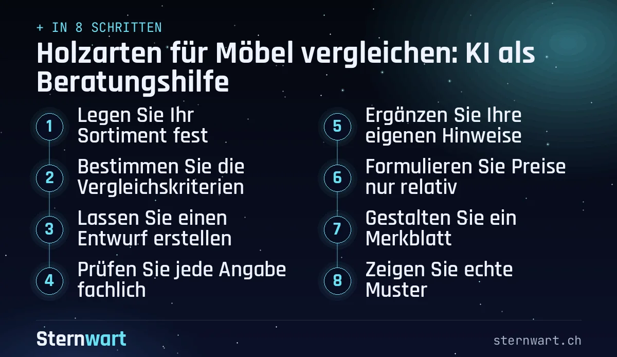 Ablaufgrafik in 8 Schritten: 1. Legen Sie Ihr Sortiment fest; 2. Bestimmen Sie die Vergleichskriterien; 3. Lassen Sie einen Entwurf erstellen; 4. Prüfen Sie jede Angabe fachlich; 5. Ergänzen Sie Ihre eigenen Hinweise; 6. Formulieren Sie Preise nur relativ; 7. Gestalten Sie ein Merkblatt; 8. Zeigen Sie echte Muster.