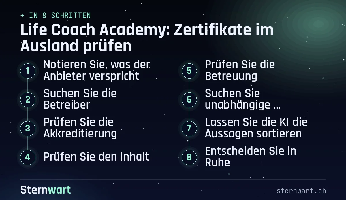 Ablaufgrafik in 8 Schritten: 1. Notieren Sie, was der Anbieter verspricht; 2. Suchen Sie die Betreiber; 3. Prüfen Sie die Akkreditierung; 4. Prüfen Sie den Inhalt; 5. Prüfen Sie die Betreuung; 6. Suchen Sie unabhängige Erfahrungen; 7. Lassen Sie die KI die Aussagen sortieren; 8. Entscheiden Sie in Ruhe.