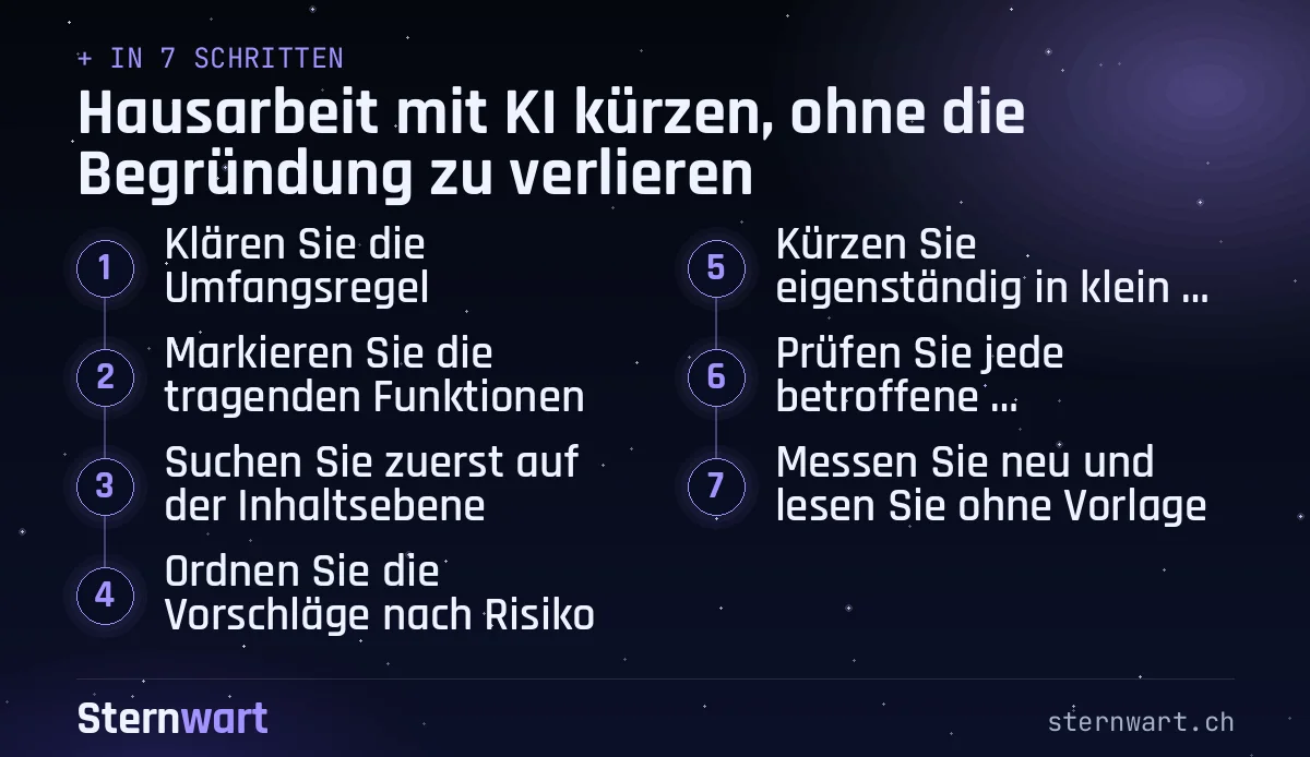 Ablaufgrafik in 7 Schritten: 1. Klären Sie die Umfangsregel; 2. Markieren Sie die tragenden Funktionen; 3. Suchen Sie zuerst auf der Inhaltsebene; 4. Ordnen Sie die Vorschläge nach Risiko; 5. Kürzen Sie eigenständig in kleinen Durchgängen; 6. Prüfen Sie jede betroffene Argumentation; 7. Messen Sie neu und lesen Sie ohne Vorlage.
