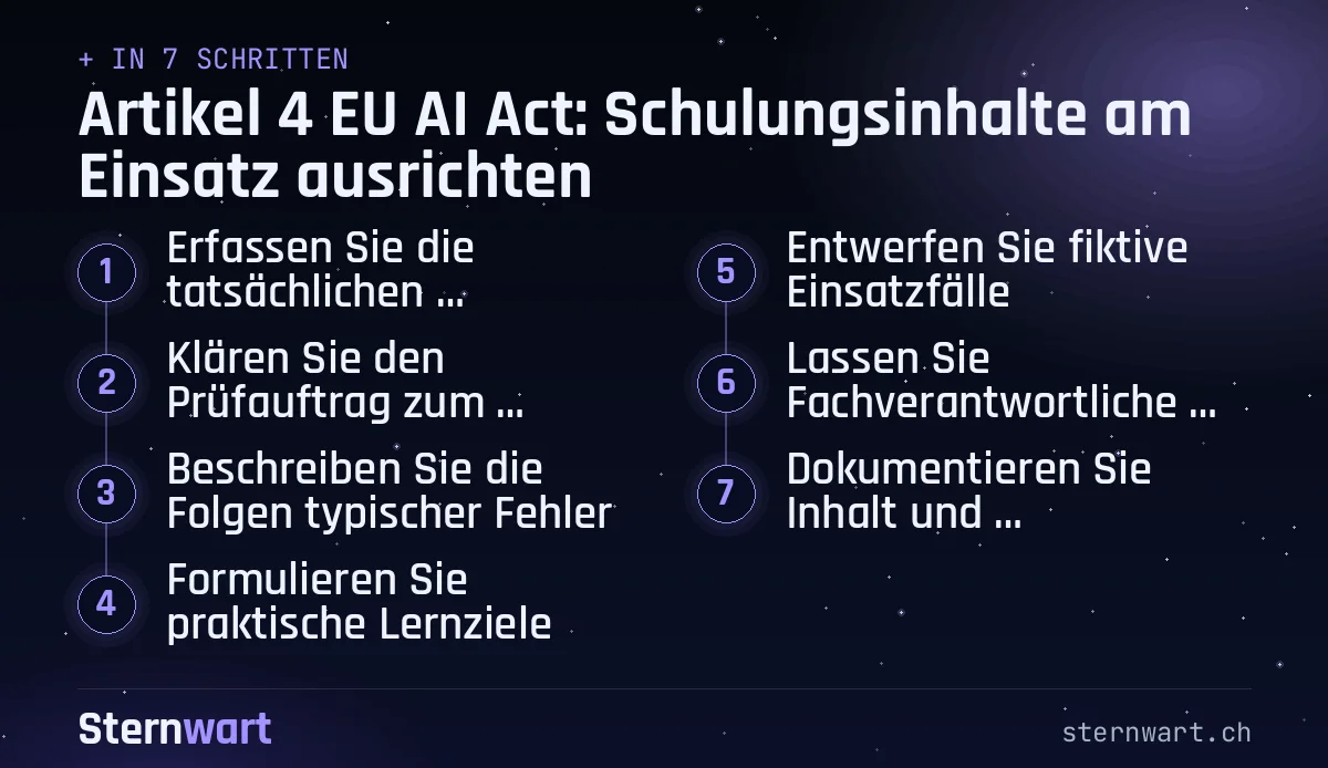Ablaufgrafik in 7 Schritten: 1. Erfassen Sie die tatsächlichen Anwendungen; 2. Klären Sie den Prüfauftrag zum EU-Bezug; 3. Beschreiben Sie die Folgen typischer Fehler; 4. Formulieren Sie praktische Lernziele; 5. Entwerfen Sie fiktive Einsatzfälle; 6. Lassen Sie Fachverantwortliche gegenlesen; 7. Dokumentieren Sie Inhalt und Weiterentwicklung.