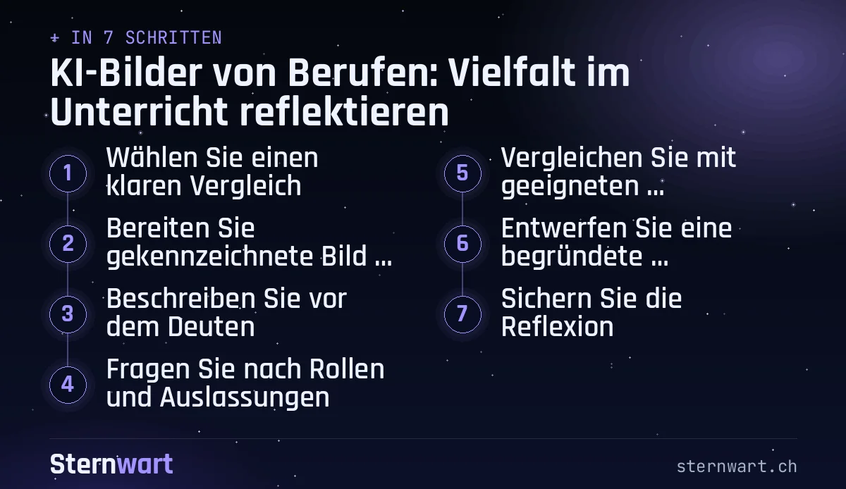 Ablaufgrafik in 7 Schritten: 1. Wählen Sie einen klaren Vergleich; 2. Bereiten Sie gekennzeichnete Bilder vor; 3. Beschreiben Sie vor dem Deuten; 4. Fragen Sie nach Rollen und Auslassungen; 5. Vergleichen Sie mit geeigneten Berufsinformationen; 6. Entwerfen Sie eine begründete Überarbeitung; 7. Sichern Sie die Reflexion.