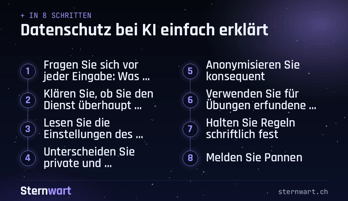 Ablaufgrafik in 8 Schritten: 1. Fragen Sie sich vor jeder Eingabe: Was gebe ich ein?; 2. Klären Sie, ob Sie den Dienst überhaupt nutzen dürfen; 3. Lesen Sie die Einstellungen des Dienstes; 4. Unterscheiden Sie private und geschäftliche Konten; 5. Anonymisieren Sie konsequent; 6. Verwenden Sie für Übungen erfundene Daten; 7. Halten Sie Regeln schriftlich fest; 8. Melden Sie Pannen.