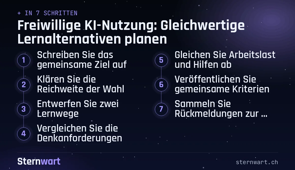 Ablaufgrafik in 7 Schritten: 1. Schreiben Sie das gemeinsame Ziel auf; 2. Klären Sie die Reichweite der Wahl; 3. Entwerfen Sie zwei Lernwege; 4. Vergleichen Sie die Denkanforderungen; 5. Gleichen Sie Arbeitslast und Hilfen ab; 6. Veröffentlichen Sie gemeinsame Kriterien; 7. Sammeln Sie Rückmeldungen zur Gleichwertigkeit.