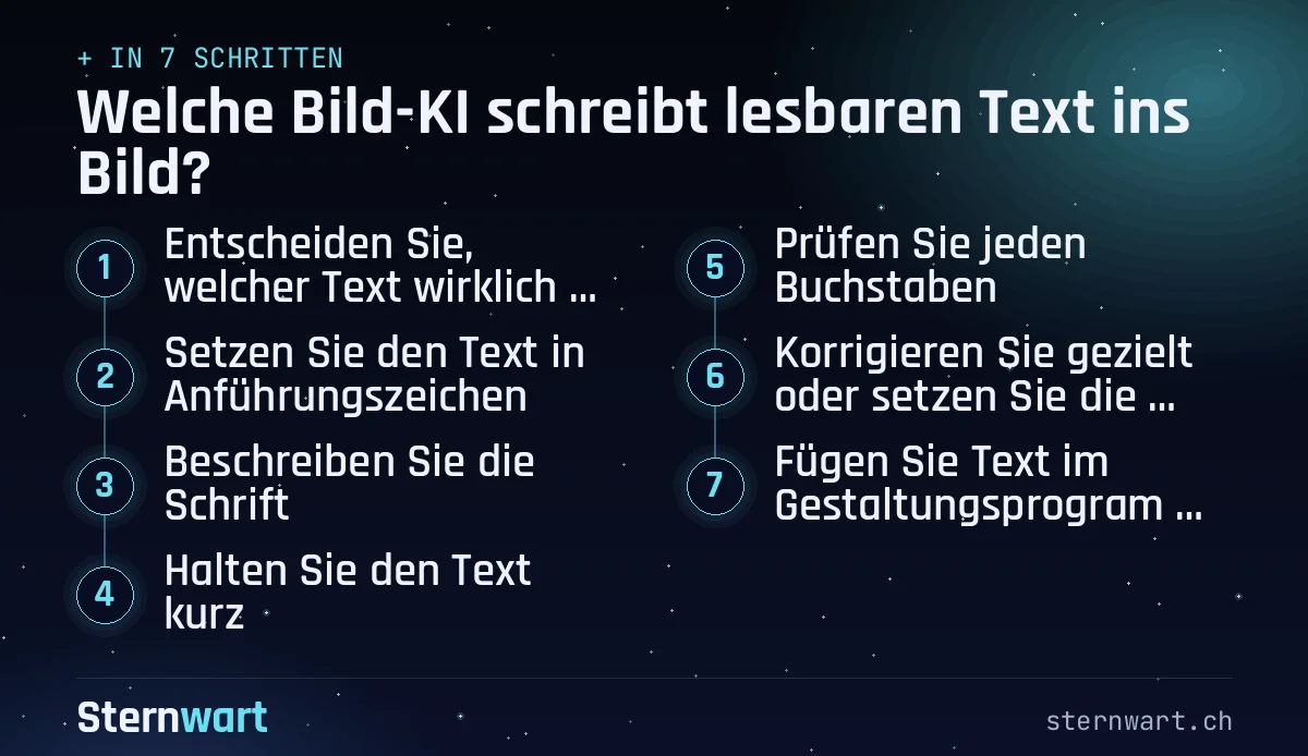 Ablaufgrafik in 7 Schritten: 1. Entscheiden Sie, welcher Text wirklich ins Bild muss; 2. Setzen Sie den Text in Anführungszeichen; 3. Beschreiben Sie die Schrift; 4. Halten Sie den Text kurz; 5. Prüfen Sie jeden Buchstaben; 6. Korrigieren Sie gezielt oder setzen Sie die Schrift selbst; 7. Fügen Sie Text im Gestaltungsprogramm ein.