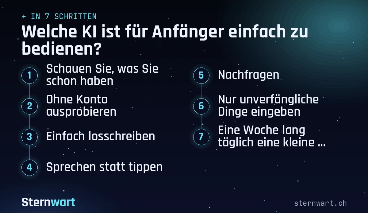 Ablaufgrafik in 7 Schritten: 1. Schauen Sie, was Sie schon haben; 2. Ohne Konto ausprobieren; 3. Einfach losschreiben; 4. Sprechen statt tippen; 5. Nachfragen; 6. Nur unverfängliche Dinge eingeben; 7. Eine Woche lang täglich eine kleine Aufgabe.