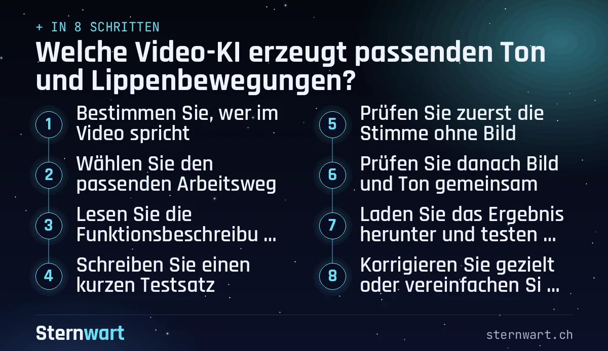 Ablaufgrafik in 8 Schritten: 1. Bestimmen Sie, wer im Video spricht; 2. Wählen Sie den passenden Arbeitsweg; 3. Lesen Sie die Funktionsbeschreibung genau; 4. Schreiben Sie einen kurzen Testsatz; 5. Prüfen Sie zuerst die Stimme ohne Bild; 6. Prüfen Sie danach Bild und Ton gemeinsam; 7. Laden Sie das Ergebnis herunter und testen Sie es erneut; 8. Korrigieren Sie gezielt oder vereinfachen Sie das Konzept.