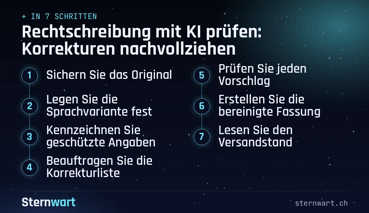 Ablaufgrafik in 7 Schritten: 1. Sichern Sie das Original; 2. Legen Sie die Sprachvariante fest; 3. Kennzeichnen Sie geschützte Angaben; 4. Beauftragen Sie die Korrekturliste; 5. Prüfen Sie jeden Vorschlag; 6. Erstellen Sie die bereinigte Fassung; 7. Lesen Sie den Versandstand.