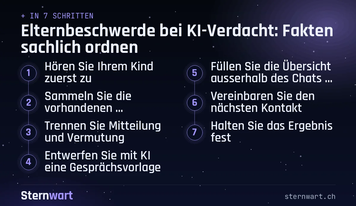 Ablaufgrafik in 7 Schritten: 1. Hören Sie Ihrem Kind zuerst zu; 2. Sammeln Sie die vorhandenen Unterlagen; 3. Trennen Sie Mitteilung und Vermutung; 4. Entwerfen Sie mit KI eine Gesprächsvorlage; 5. Füllen Sie die Übersicht ausserhalb des Chats aus; 6. Vereinbaren Sie den nächsten Kontakt; 7. Halten Sie das Ergebnis fest.