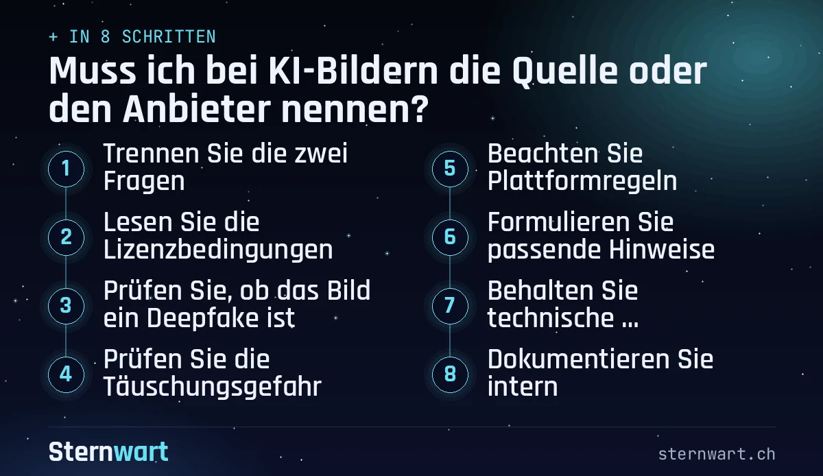 Ablaufgrafik in 8 Schritten: 1. Trennen Sie die zwei Fragen; 2. Lesen Sie die Lizenzbedingungen; 3. Prüfen Sie, ob das Bild ein Deepfake ist; 4. Prüfen Sie die Täuschungsgefahr; 5. Beachten Sie Plattformregeln; 6. Formulieren Sie passende Hinweise; 7. Behalten Sie technische Herkunftsdaten; 8. Dokumentieren Sie intern.