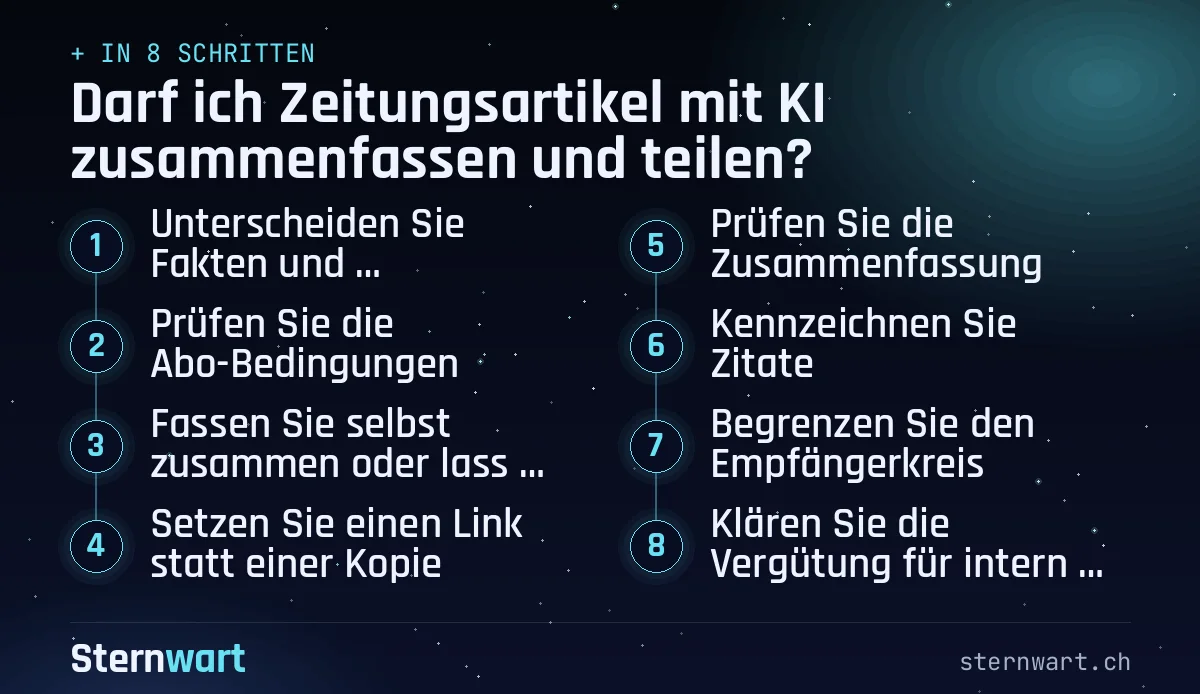 Ablaufgrafik in 8 Schritten: 1. Unterscheiden Sie Fakten und Formulierungen; 2. Prüfen Sie die Abo-Bedingungen; 3. Fassen Sie selbst zusammen oder lassen Sie gezielt zusammenfassen; 4. Setzen Sie einen Link statt einer Kopie; 5. Prüfen Sie die Zusammenfassung; 6. Kennzeichnen Sie Zitate; 7. Begrenzen Sie den Empfängerkreis; 8. Klären Sie die Vergütung für interne Kopien.