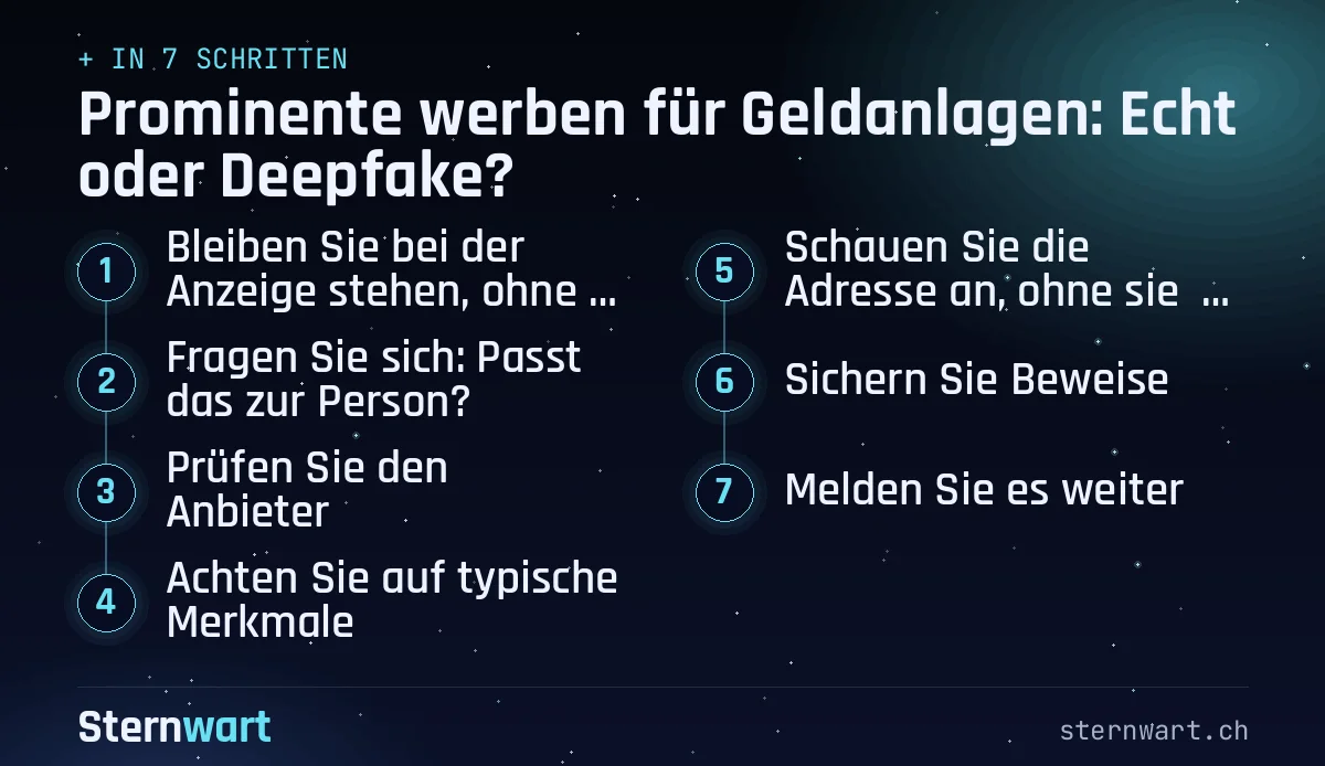 Ablaufgrafik in 7 Schritten: 1. Bleiben Sie bei der Anzeige stehen, ohne zu klicken; 2. Fragen Sie sich: Passt das zur Person?; 3. Prüfen Sie den Anbieter; 4. Achten Sie auf typische Merkmale; 5. Schauen Sie die Adresse an, ohne sie zu öffnen; 6. Sichern Sie Beweise; 7. Melden Sie es weiter.