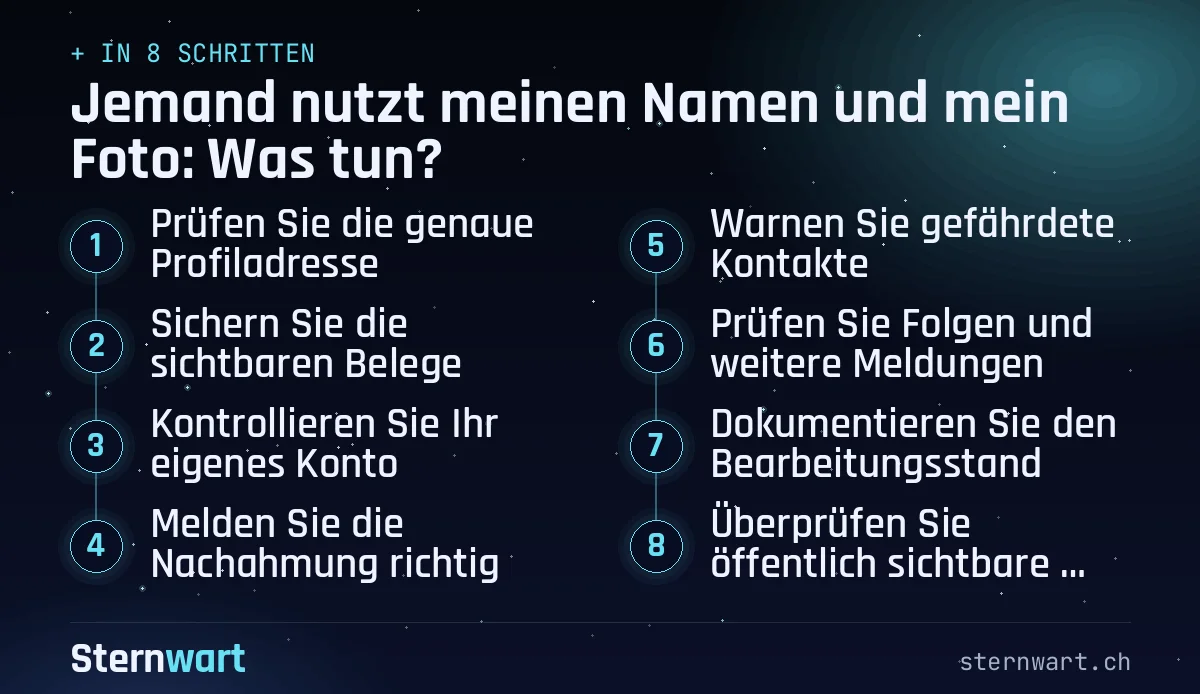 Ablaufgrafik in 8 Schritten: 1. Prüfen Sie die genaue Profiladresse; 2. Sichern Sie die sichtbaren Belege; 3. Kontrollieren Sie Ihr eigenes Konto; 4. Melden Sie die Nachahmung richtig; 5. Warnen Sie gefährdete Kontakte; 6. Prüfen Sie Folgen und weitere Meldungen; 7. Dokumentieren Sie den Bearbeitungsstand; 8. Überprüfen Sie öffentlich sichtbare Angaben.