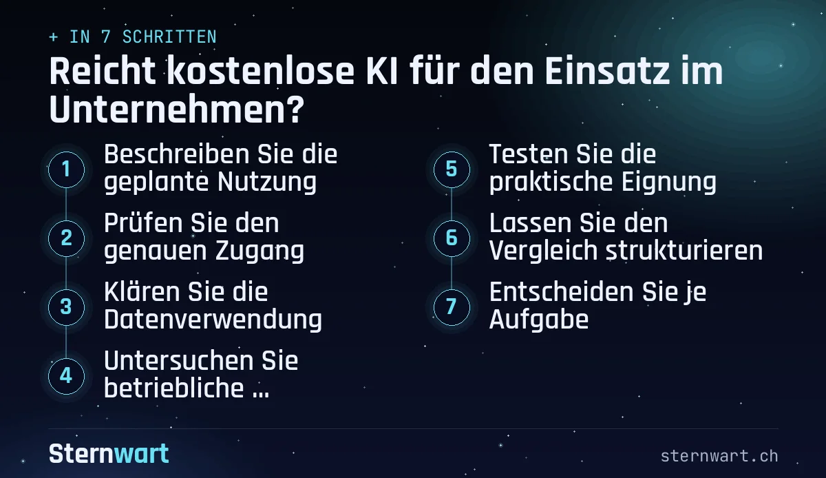 Ablaufgrafik in 7 Schritten: 1. Beschreiben Sie die geplante Nutzung; 2. Prüfen Sie den genauen Zugang; 3. Klären Sie die Datenverwendung; 4. Untersuchen Sie betriebliche Anforderungen; 5. Testen Sie die praktische Eignung; 6. Lassen Sie den Vergleich strukturieren; 7. Entscheiden Sie je Aufgabe.