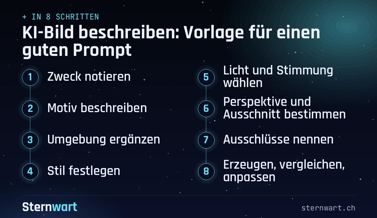 Ablaufgrafik in 8 Schritten: 1. Zweck notieren; 2. Motiv beschreiben; 3. Umgebung ergänzen; 4. Stil festlegen; 5. Licht und Stimmung wählen; 6. Perspektive und Ausschnitt bestimmen; 7. Ausschlüsse nennen; 8. Erzeugen, vergleichen, anpassen.