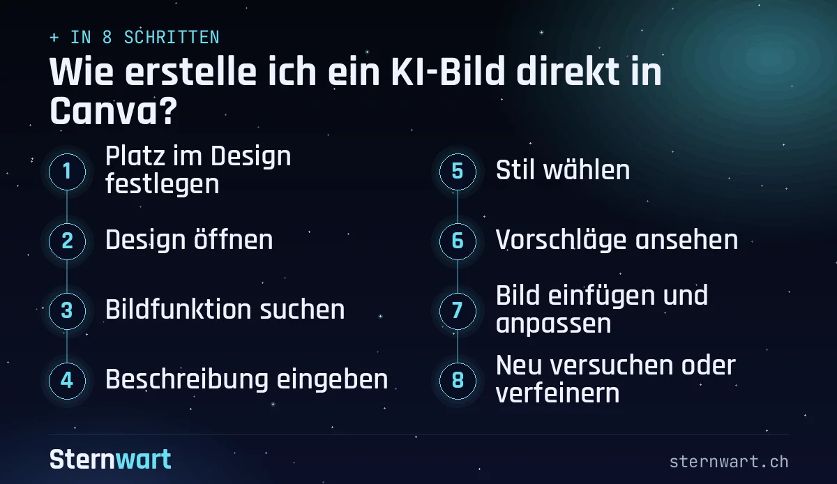Ablaufgrafik in 8 Schritten: 1. Platz im Design festlegen; 2. Design öffnen; 3. Bildfunktion suchen; 4. Beschreibung eingeben; 5. Stil wählen; 6. Vorschläge ansehen; 7. Bild einfügen und anpassen; 8. Neu versuchen oder verfeinern.
