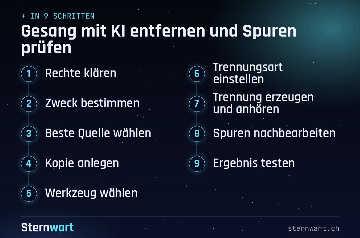 Ablaufgrafik in 9 Schritten: 1. Rechte klären; 2. Zweck bestimmen; 3. Beste Quelle wählen; 4. Kopie anlegen; 5. Werkzeug wählen; 6. Trennungsart einstellen; 7. Trennung erzeugen und anhören; 8. Spuren nachbearbeiten; 9. Ergebnis testen.