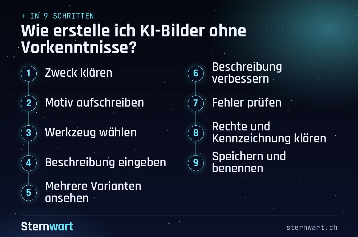 Ablaufgrafik in 9 Schritten: 1. Zweck klären; 2. Motiv aufschreiben; 3. Werkzeug wählen; 4. Beschreibung eingeben; 5. Mehrere Varianten ansehen; 6. Beschreibung verbessern; 7. Fehler prüfen; 8. Rechte und Kennzeichnung klären; 9. Speichern und benennen.