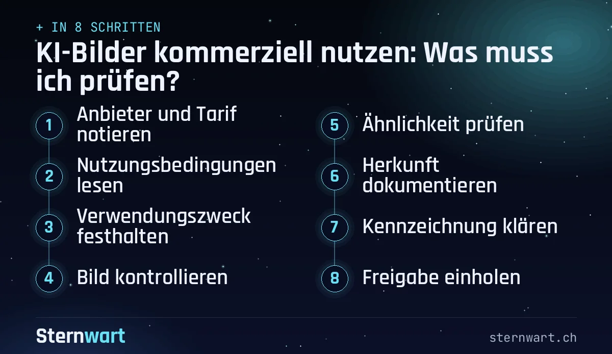 Ablaufgrafik in 8 Schritten: 1. Anbieter und Tarif notieren; 2. Nutzungsbedingungen lesen; 3. Verwendungszweck festhalten; 4. Bild kontrollieren; 5. Ähnlichkeit prüfen; 6. Herkunft dokumentieren; 7. Kennzeichnung klären; 8. Freigabe einholen.