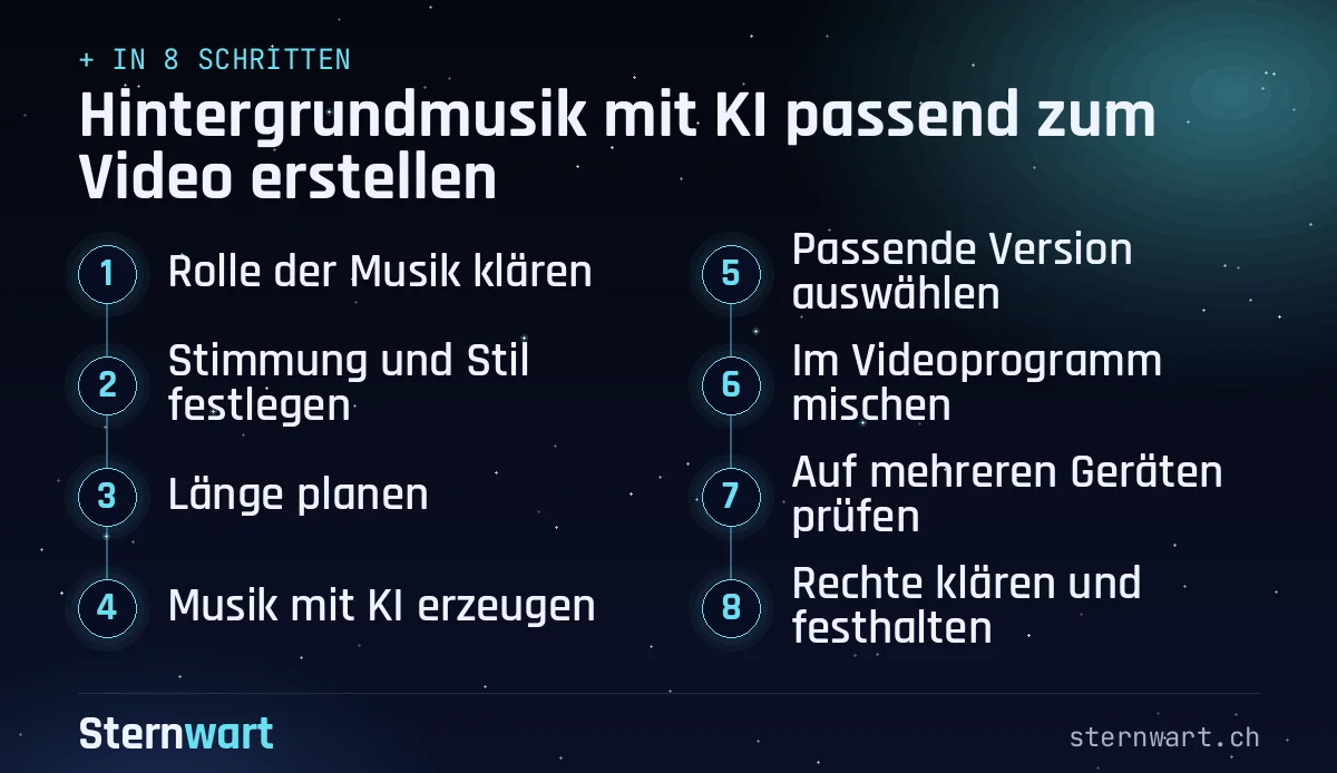 Ablaufgrafik in 8 Schritten: 1. Rolle der Musik klären; 2. Stimmung und Stil festlegen; 3. Länge planen; 4. Musik mit KI erzeugen; 5. Passende Version auswählen; 6. Im Videoprogramm mischen; 7. Auf mehreren Geräten prüfen; 8. Rechte klären und festhalten.