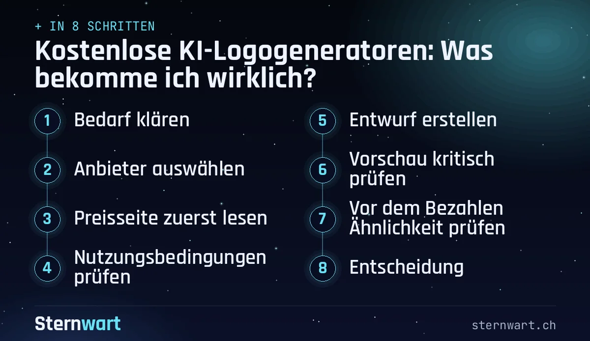 Ablaufgrafik in 8 Schritten: 1. Bedarf klären; 2. Anbieter auswählen; 3. Preisseite zuerst lesen; 4. Nutzungsbedingungen prüfen; 5. Entwurf erstellen; 6. Vorschau kritisch prüfen; 7. Vor dem Bezahlen Ähnlichkeit prüfen; 8. Entscheidung.