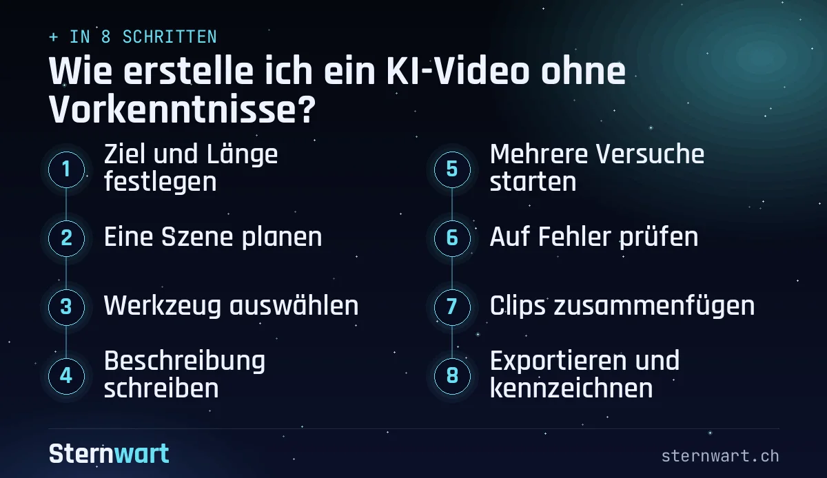 Ablaufgrafik in 8 Schritten: 1. Ziel und Länge festlegen; 2. Eine Szene planen; 3. Werkzeug auswählen; 4. Beschreibung schreiben; 5. Mehrere Versuche starten; 6. Auf Fehler prüfen; 7. Clips zusammenfügen; 8. Exportieren und kennzeichnen.