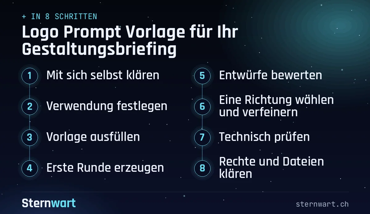 Ablaufgrafik in 8 Schritten: 1. Mit sich selbst klären; 2. Verwendung festlegen; 3. Vorlage ausfüllen; 4. Erste Runde erzeugen; 5. Entwürfe bewerten; 6. Eine Richtung wählen und verfeinern; 7. Technisch prüfen; 8. Rechte und Dateien klären.